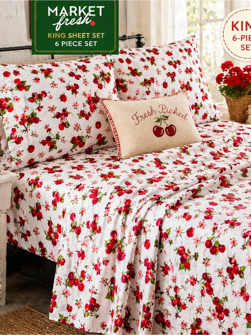 Cherry Print King Sheets Cottagecore Farmhouse Market Fresh NWT 6 Pc Set
